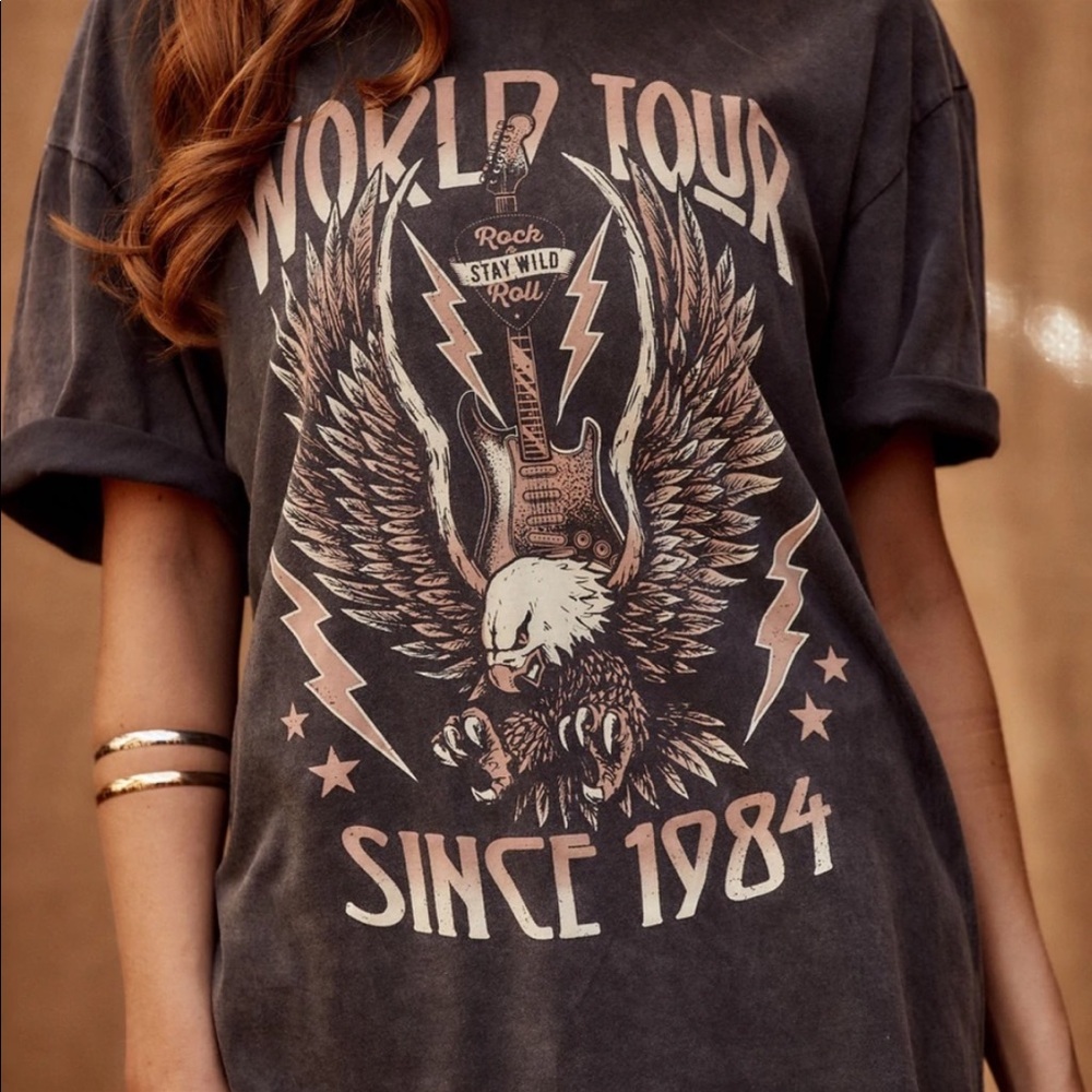 Black Tee T-Shirt Top Dress World Tour Since 1984 Graphic Vintage Mineral Wash - Picture 3 of 6
